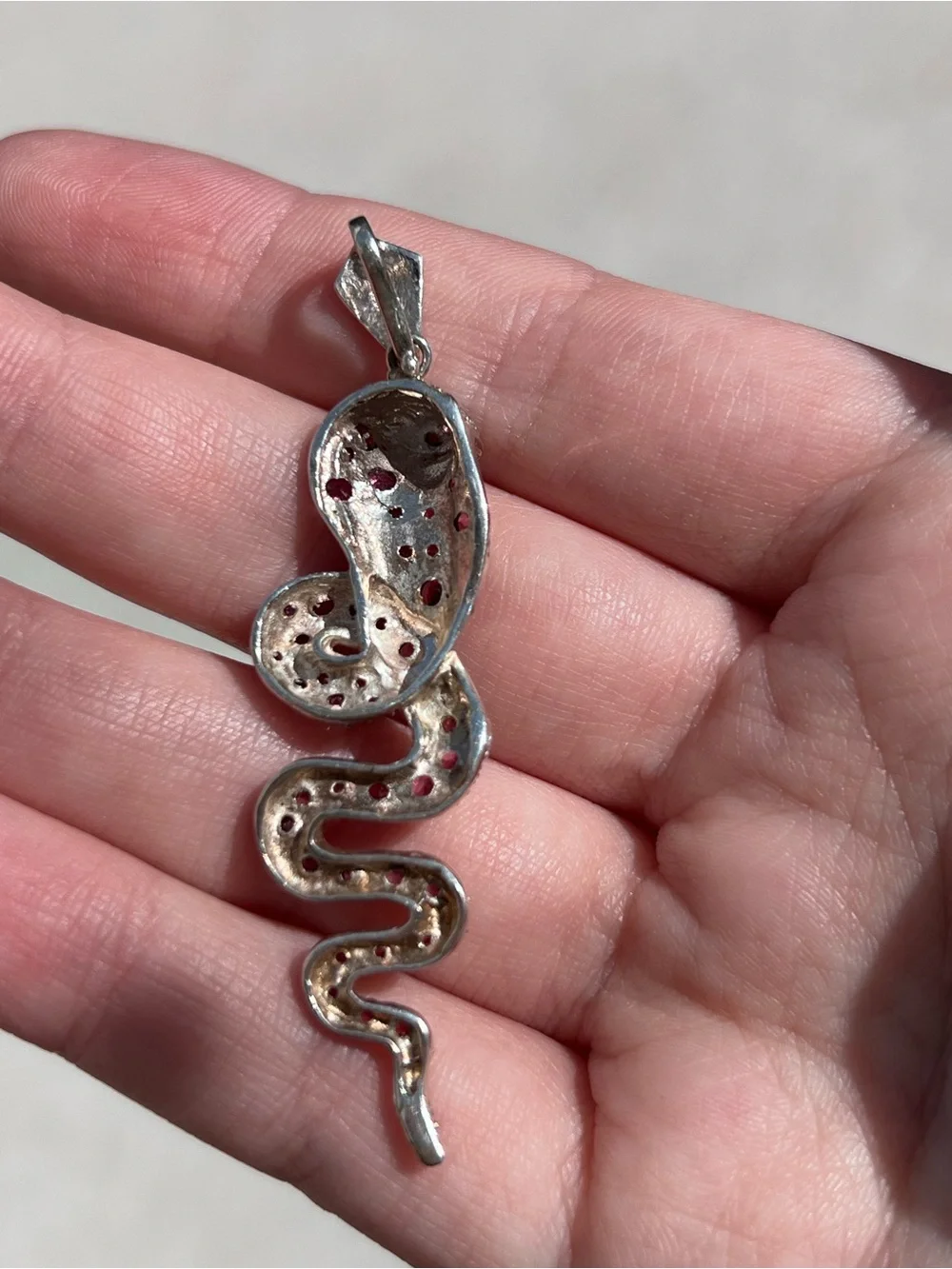 925 Sterling Silver Pave Gemstone Snake Pendant 2.5” Pink Stones